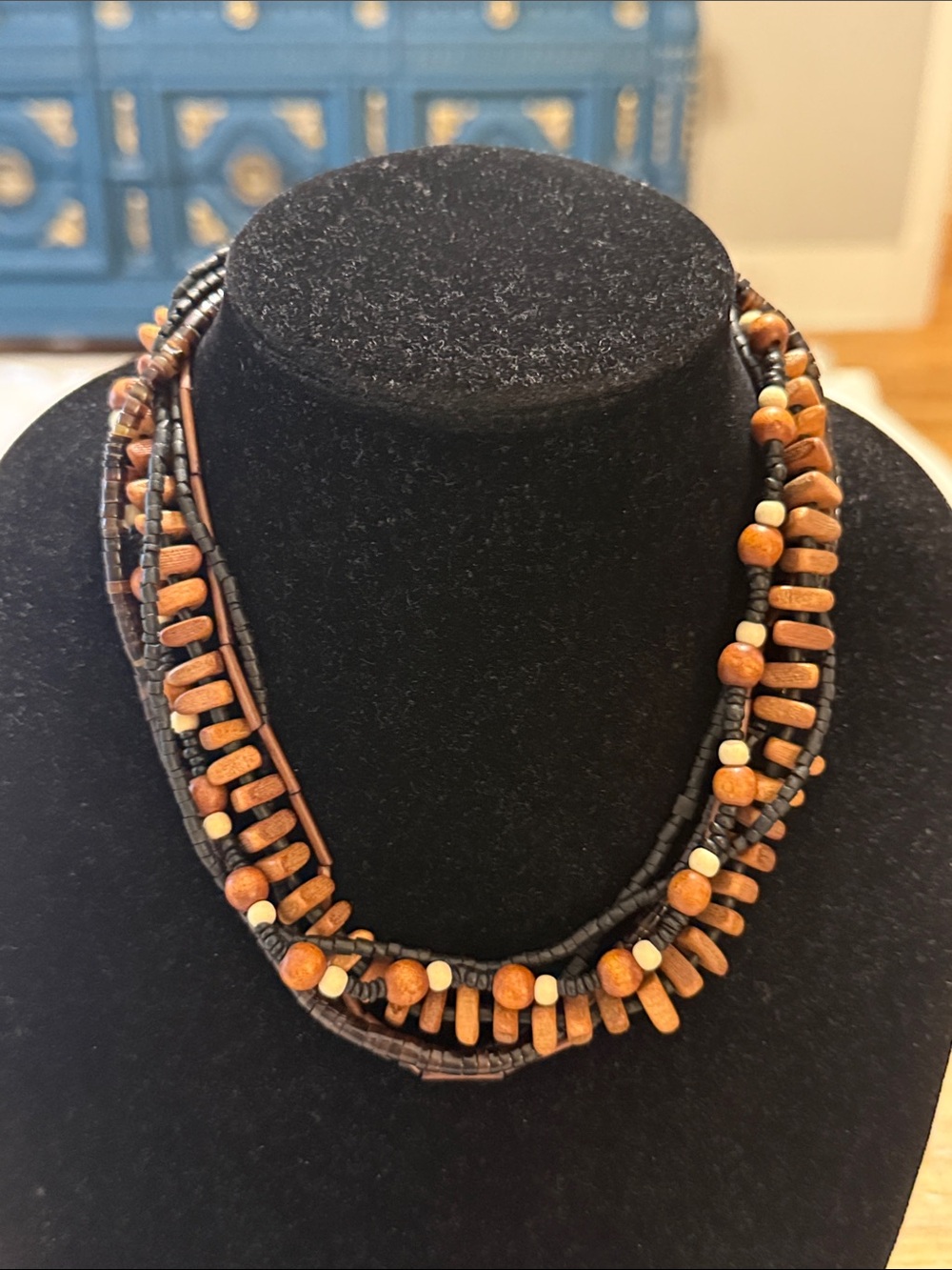 Vintage Boho Brown Black Multi Layered Beaded Choker Collar Statement Necklace
